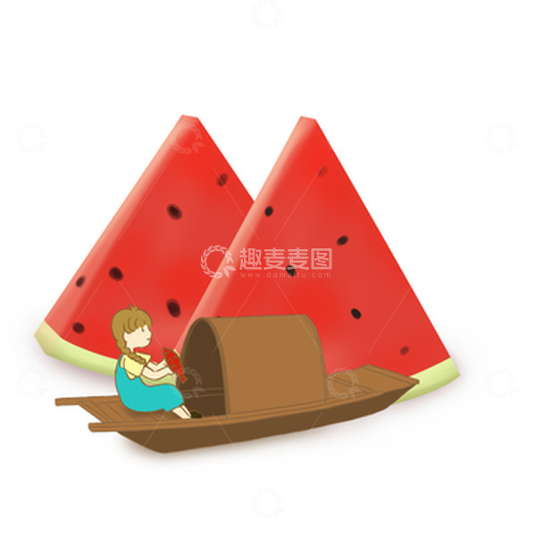 源文件下载【趣麦麦图】小暑西瓜小船小女孩夏天手绘