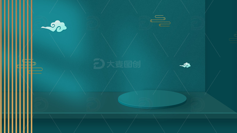 源文件下载【趣麦麦图】绿色C4D风国潮小场景搭建几何背景祥云