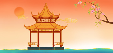 橙色国潮建筑凉亭亭子手绘插画背景