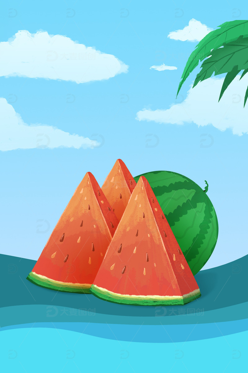 小清新，夏季，夏至，西瓜海报，手绘