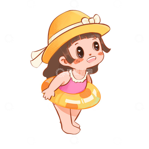 源文件下载【趣麦麦图】橘色夏天戴草帽游泳圈泳衣小女孩卡通人物