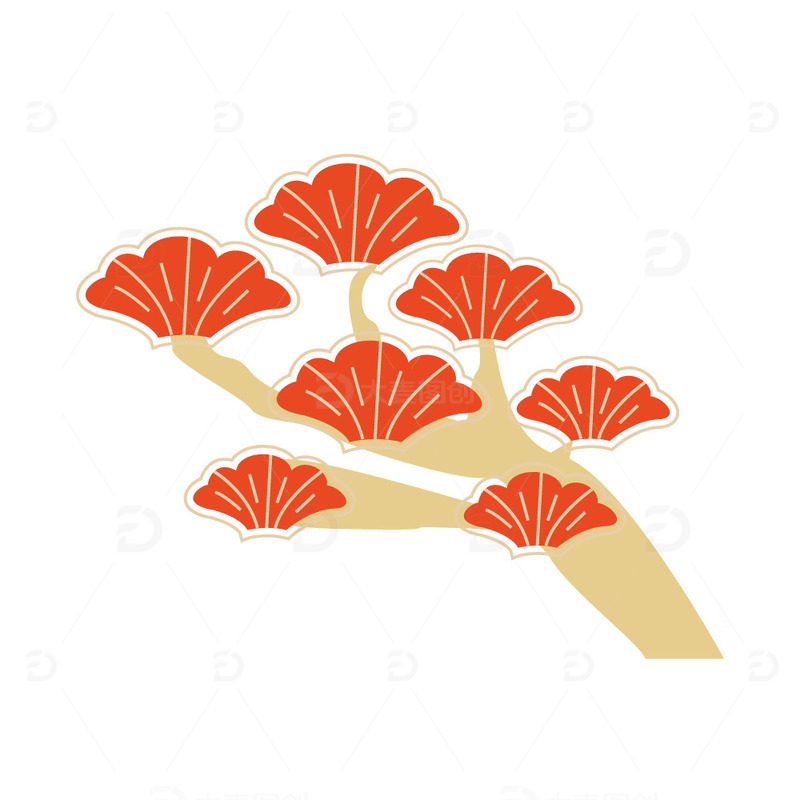 国潮装饰树枝中国风松树扇贝