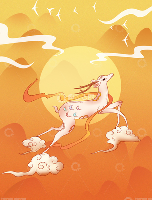 源文件下载【趣麦麦图】国潮中国风神鹿丝带流云手绘背景图