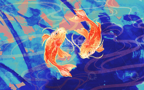 源文件下载【趣麦麦图】-蓝色手绘双鱼国潮背景