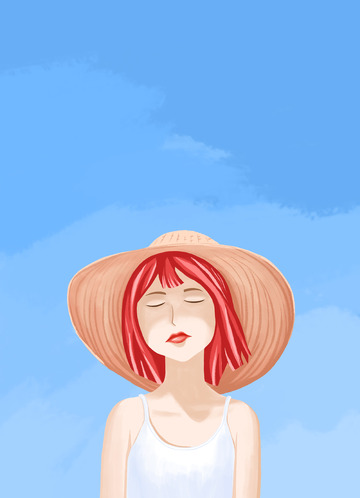 蓝色清新戴帽子的女孩夏天手绘图