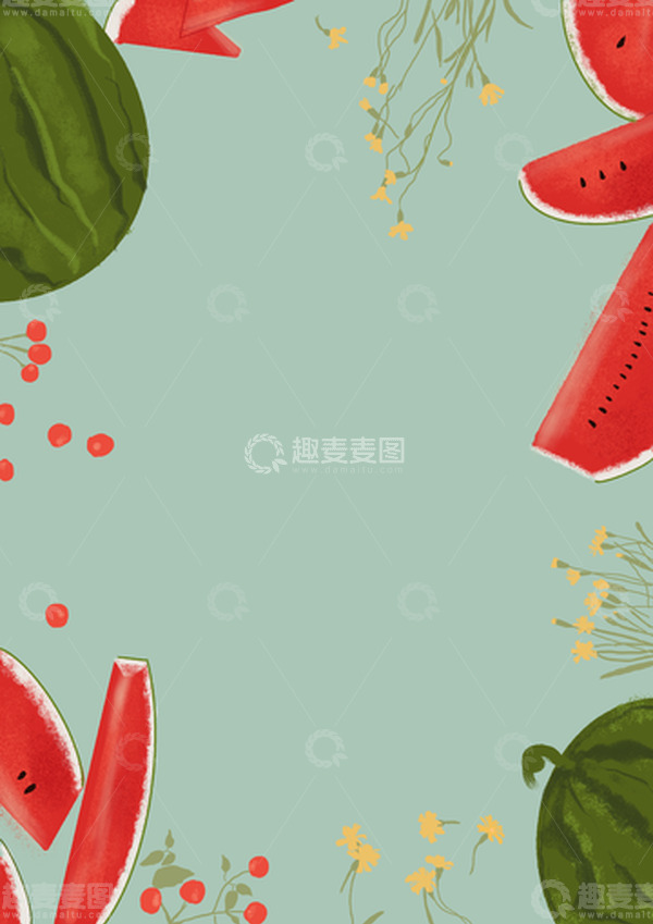 源文件下载【趣麦麦图】手绘夏季西瓜植物装饰小暑海报背景