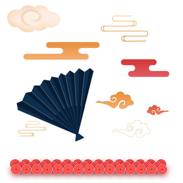 红色国潮小元素祥云纹理扇子素材免扣