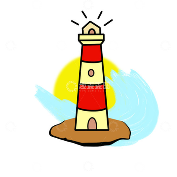 源文件下载【趣麦麦图】黄红卡通灯塔守卫海洋手绘图