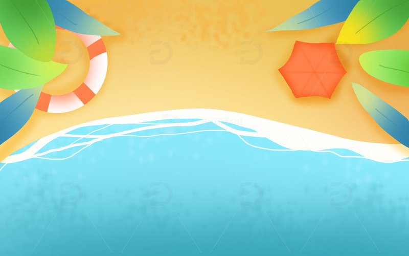 手绘夏天小暑海滩叶子游泳圈背景