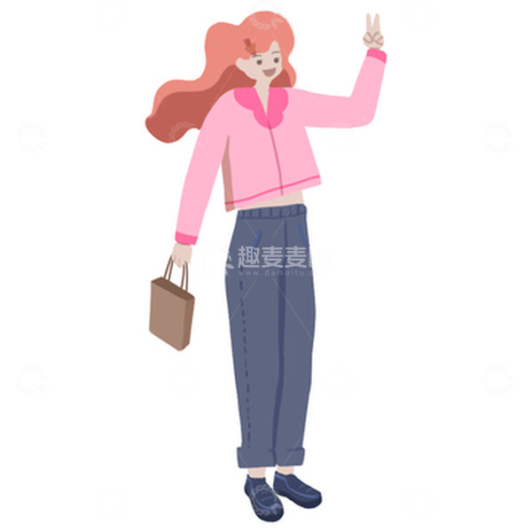 源文件下载【趣麦麦图】扁平风女生购物逛街打卡拍照比耶手势元素