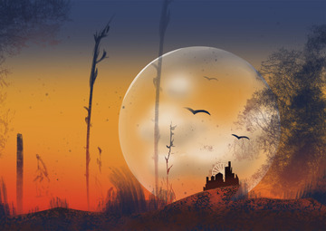 橙色晚霞夏季炎热黄昏风景手绘图