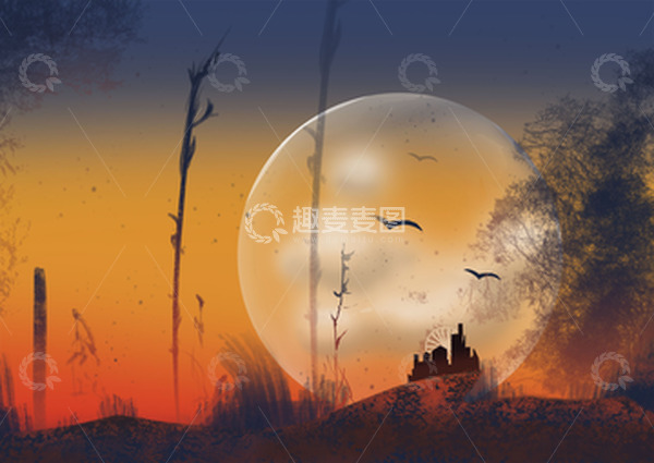 源文件下载【趣麦麦图】橙色晚霞夏季炎热黄昏风景手绘图