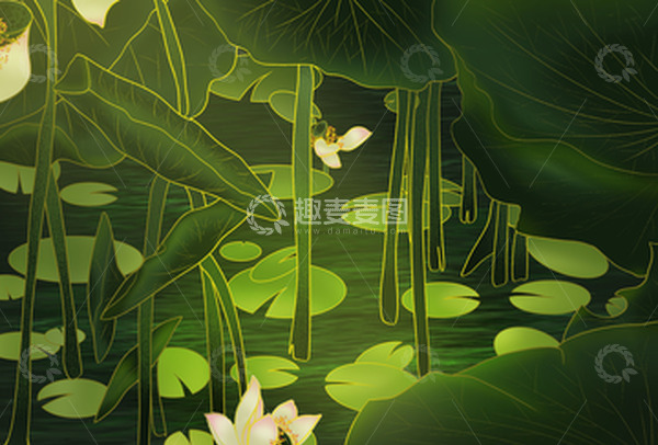 源文件下载【趣麦麦图】绿色国风夏天池塘荷花荷叶风景插画手绘图