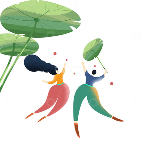 源文件下载【趣麦麦图】绿色手绘扁平小暑荷叶人物插画元素