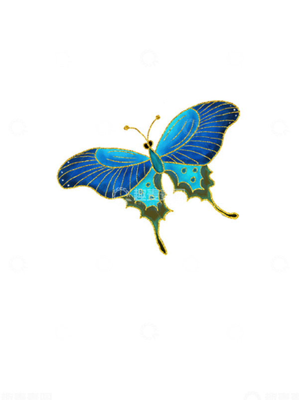 源文件下载【趣麦麦图】蓝绿荧光插画金箔蓝闪蝶国潮手绘图