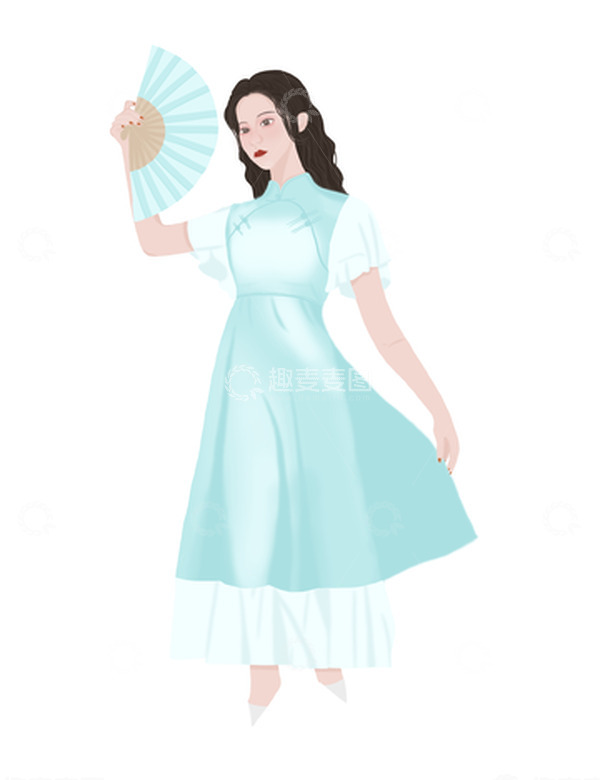 源文件下载【趣麦麦图】国潮人物女绿色旗袍手绘