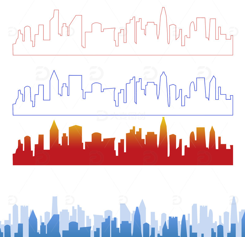 源文件下载【趣麦麦图】科技城市建筑高楼线条红色蓝色剪影