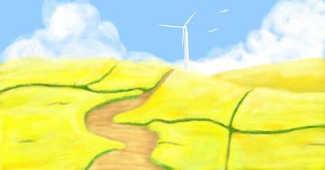 手绘金黄色麦田油菜花稻田风车