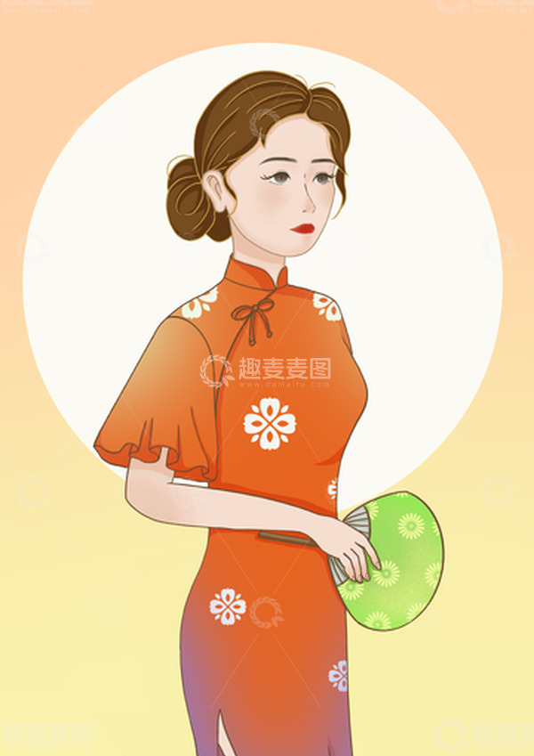 源文件下载【趣麦麦图】-国潮橙色旗袍美女