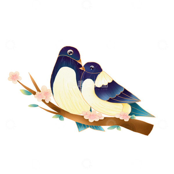 源文件下载【趣麦麦图】手绘简约蓝色七夕喜鹊花朵装饰元素