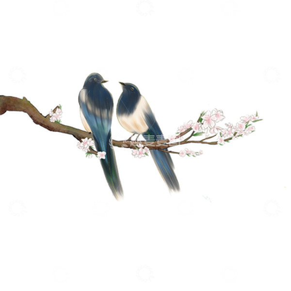 源文件下载【趣麦麦图】七夕桃花喜鹊国风插画元素