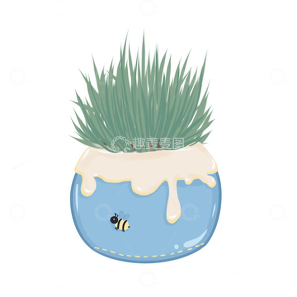 源文件下载【趣麦麦图】绿色夏季小清新可爱小草盆栽蓝色花盆植物