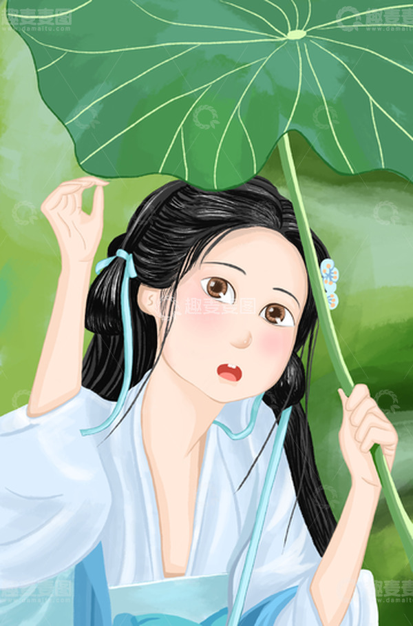 源文件下载【趣麦麦图】绿色清新古风撑荷叶的小姑娘大暑夏季手绘图