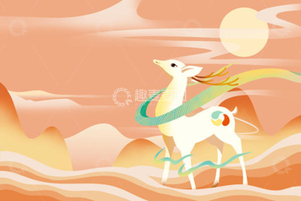 源文件下载【趣麦麦图】国潮七色鹿背景手绘国潮背景