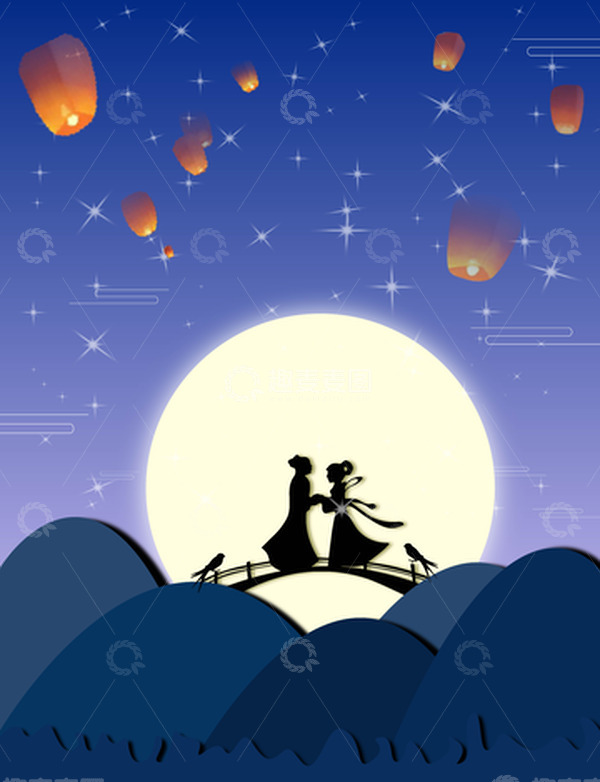 源文件下载【趣麦麦图】蓝色夜空手绘七夕牛郎织女背景