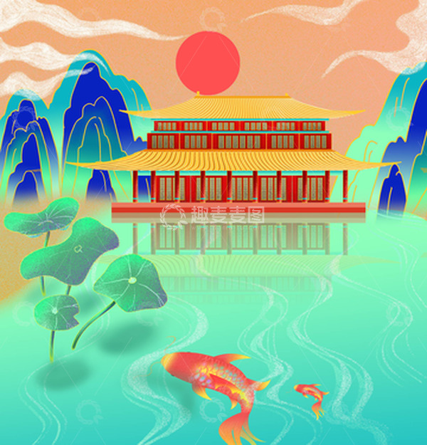 源文件下载【趣麦麦图】绿色国潮建筑手绘背景