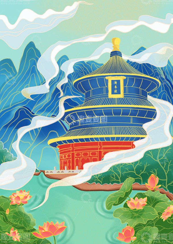 源文件下载【趣麦麦图】蓝色系国潮细腻风手绘图