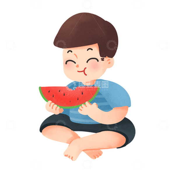 源文件下载【趣麦麦图】夏天吃西瓜男孩大暑手绘免扣素材