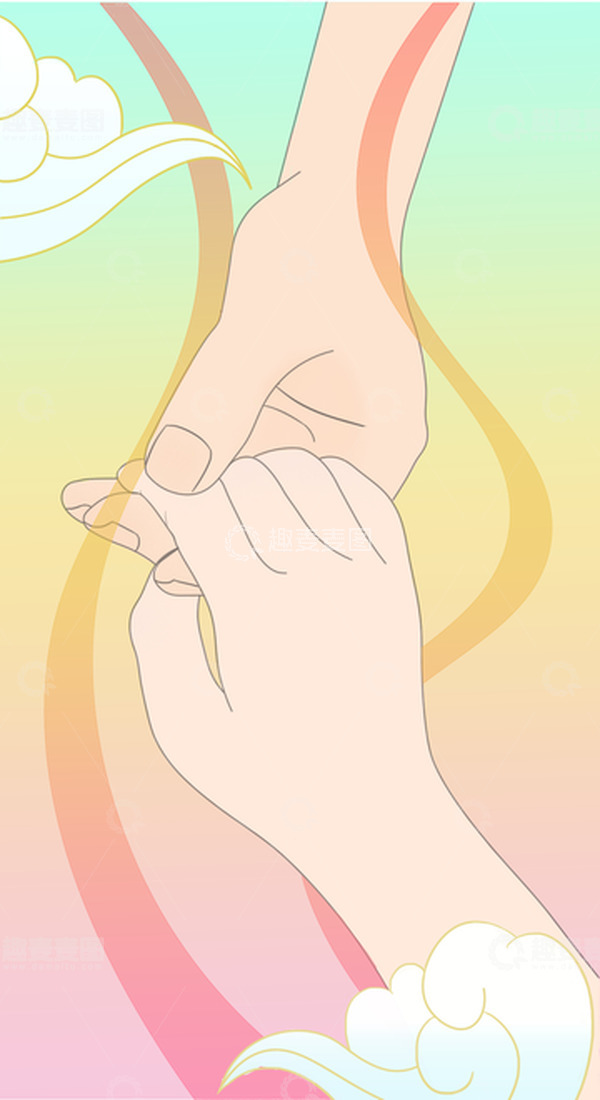 源文件下载【趣麦麦图】粉色渐变国潮细腻风七夕牵手手绘背景