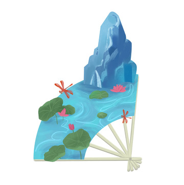 蓝绿色荷花荷叶山水河流小溪大暑元素