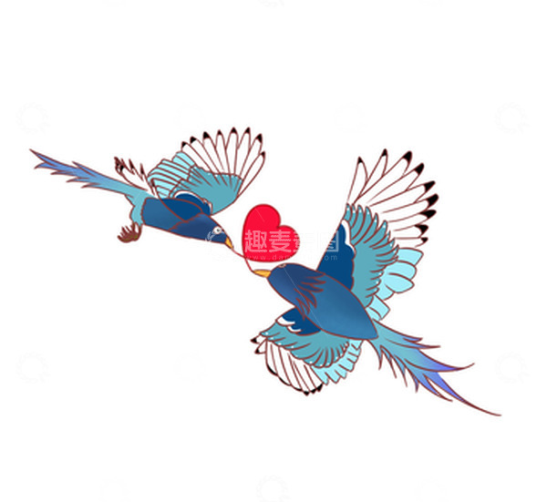 源文件下载【趣麦麦图】青色国潮细腻风爱心喜鹊七夕手绘元素
