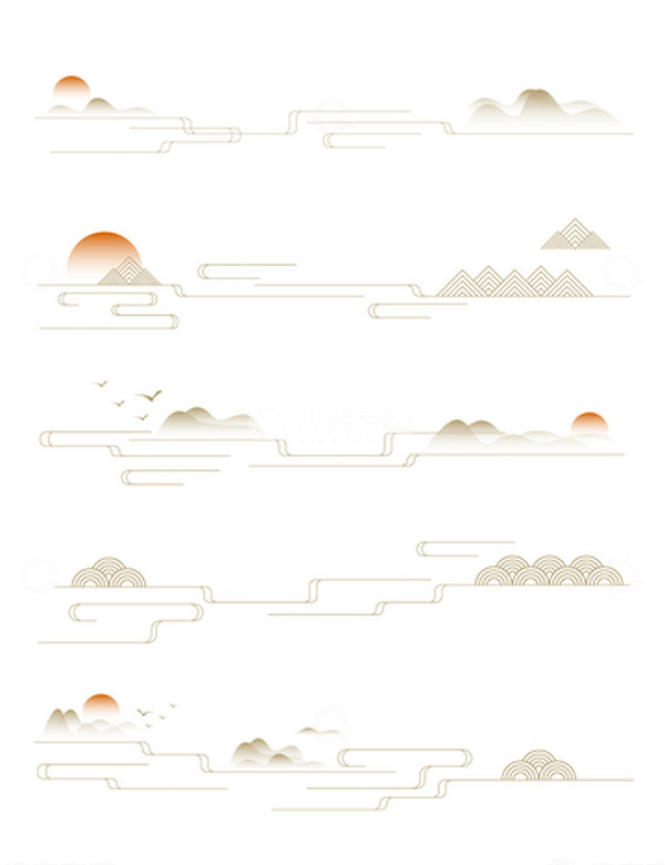 源文件下载【趣麦麦图】中国风传统线条山脉祥云夕阳装饰插画