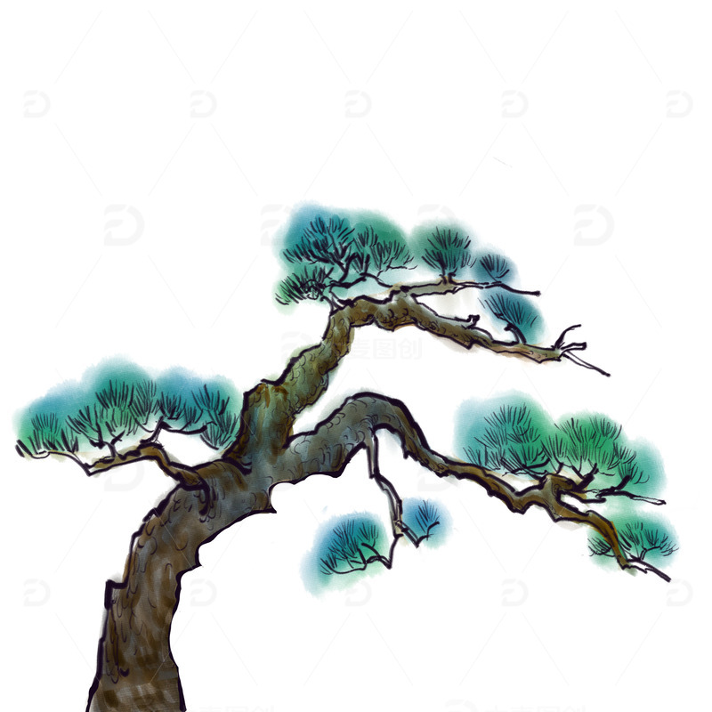 源文件下载【趣麦麦图】手绘国潮松树松柏松植物元素