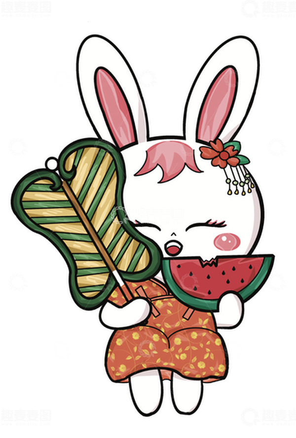源文件下载【趣麦麦图】橙粉色中国风国潮风可爱旗袍兔子吃西瓜插画