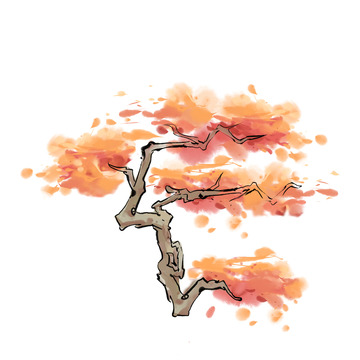 手绘国潮植物枫树桦树花树元素