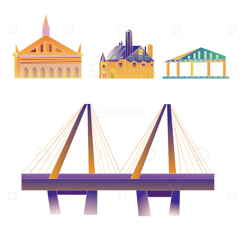 源文件下载【趣麦麦图】城市渐变建筑物矢量插画