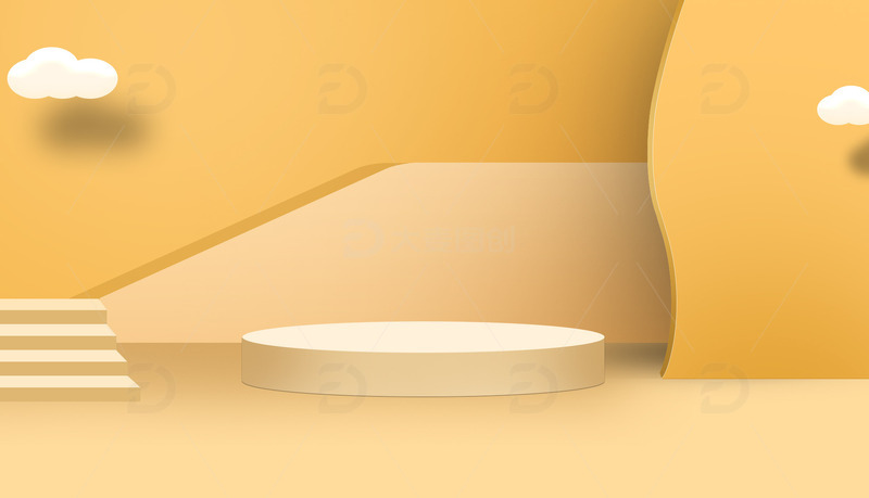 黄色清爽卡通C4D空间展厅背景海报