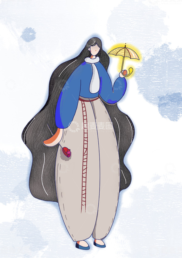 源文件下载【趣麦麦图】大暑季节夏季人长发小女孩打伞手拿玫瑰