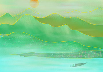 青绿色国潮风绿水青山国潮风背景插画