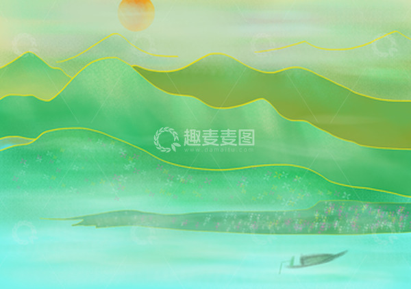 源文件下载【趣麦麦图】青绿色国潮风绿水青山国潮风背景插画
