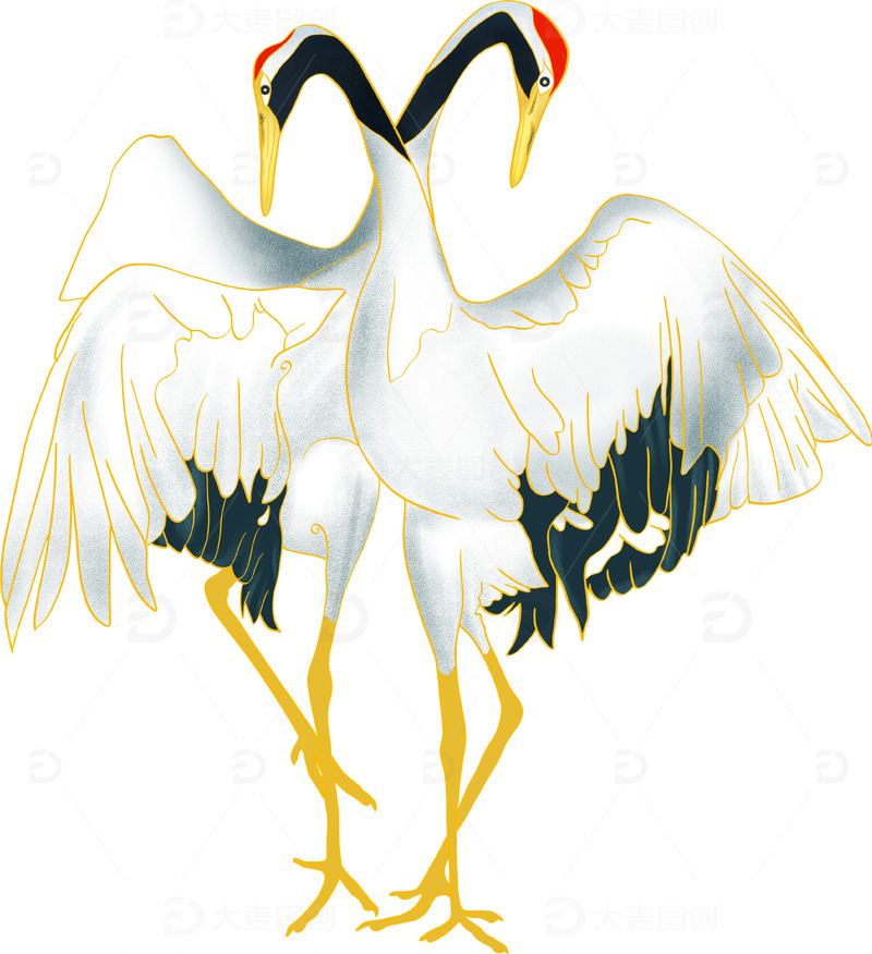 源文件下载【趣麦麦图】-白色国潮风交颈仙鹤插画元素国潮仙鹤