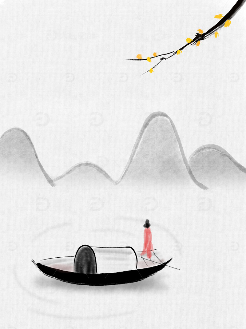 水墨乌篷船姑娘撑船山峰腊梅水墨画手绘图