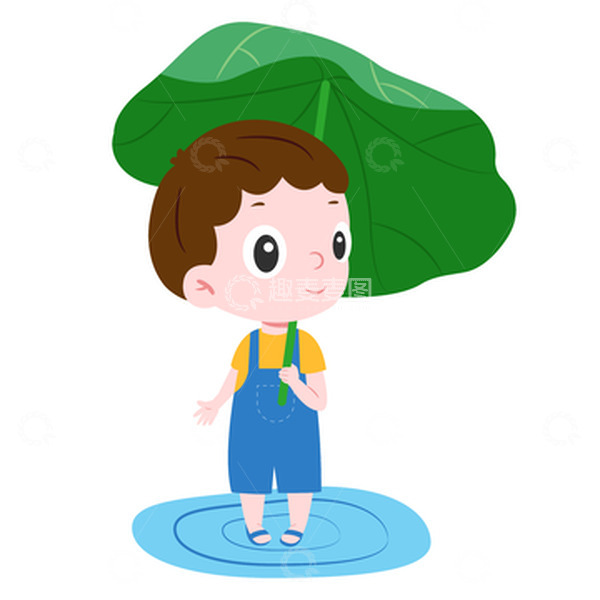 源文件下载【趣麦麦图】绿色小清新夏天小男孩撑着荷叶手绘图