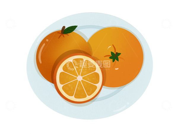 源文件下载【趣麦麦图】盘子里卡通金黄色的橙子
