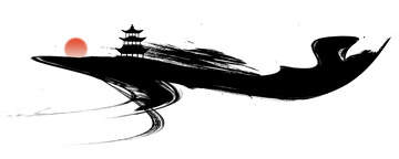 水墨写意中国风亭子手绘元素图