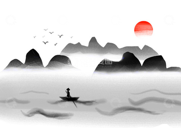源文件下载【趣麦麦图】中国风手绘水墨风景山水插画